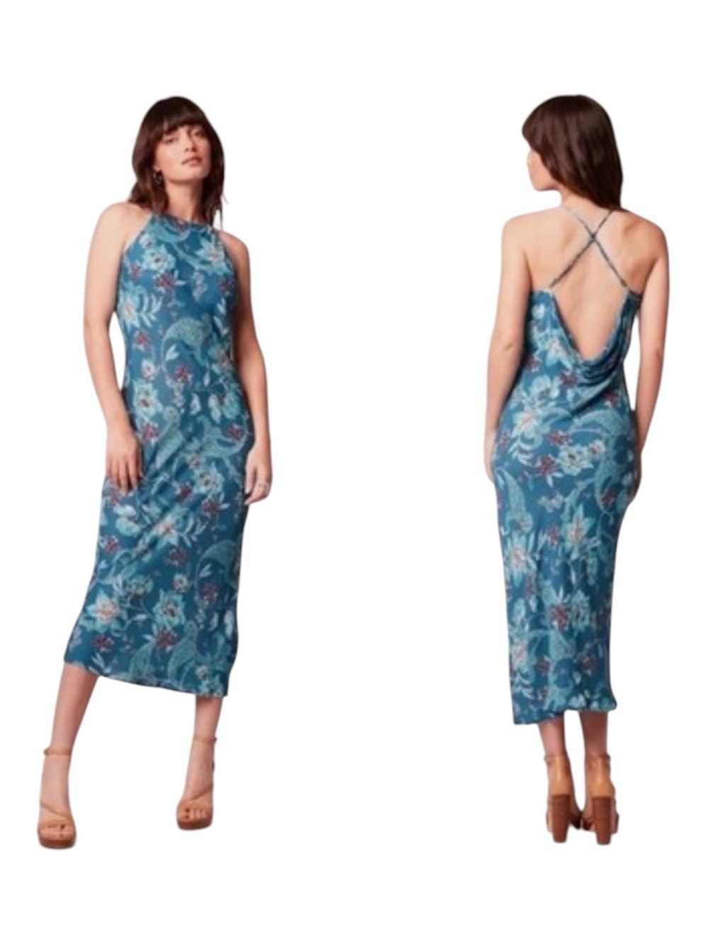 NWT Band of the Free Audette Teal Floral Halter Midi Dress M